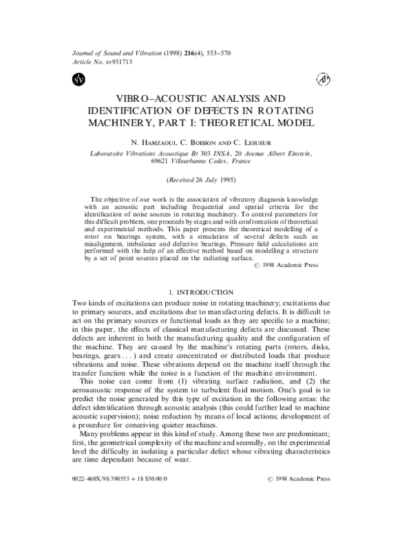 First page of “Vibro–Acoustic Analysis and Identification of Defects in Rotating Machinery, Part II: Experimental Study”