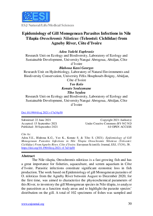 First page of “Epidemiology of Gill Monogenean Parasites Infections in Nile Tilapia Oreochromis Niloticus (Teleostei: Cichlidae) from Agneby River, Côte d’Ivoire”