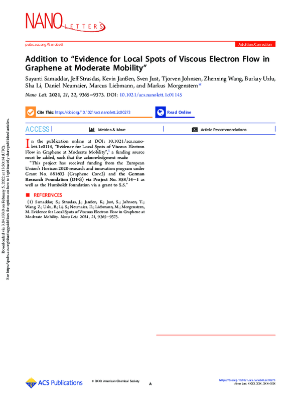 First page of “Addition to “Evidence for Local Spots of Viscous Electron Flow in Graphene at Moderate Mobility””