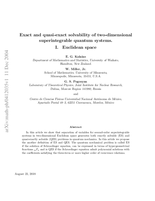 First page of “Exact and quasi-exact solvability of two-dimensional superintegrable quantum systems. I. Euclidean space”