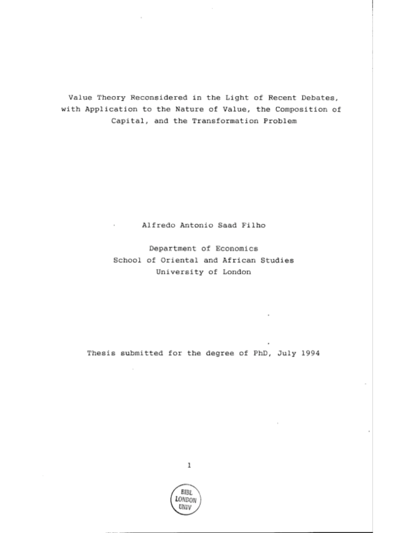 First page of “Value theory reconsidered in the light of recent debates, with application to the nature of value, the composition of capital, and the transformation problem”