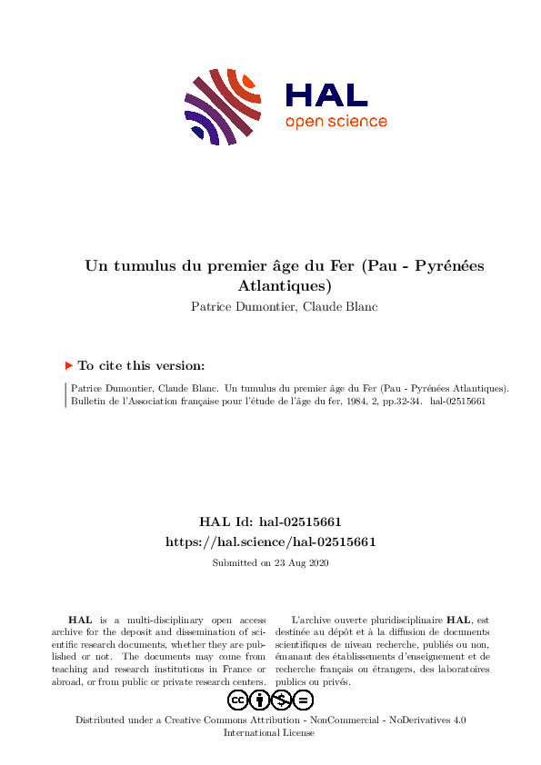 First page of “Un tumulus du premier âge du Fer (Pau - Pyrénées Atlantiques)”