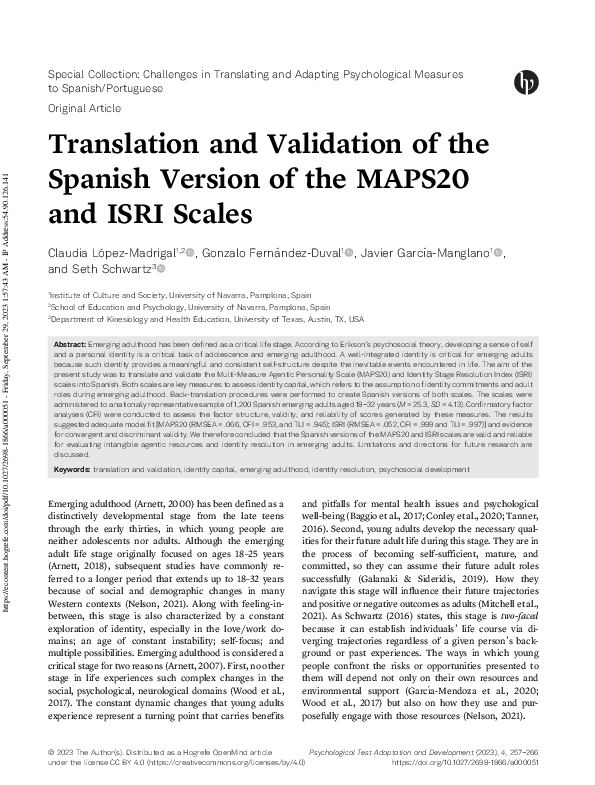 First page of “Translation and Validation of the Spanish Version of the “Échelle de Satisfaction des Besoins Psychologiques” in the Sports Context”