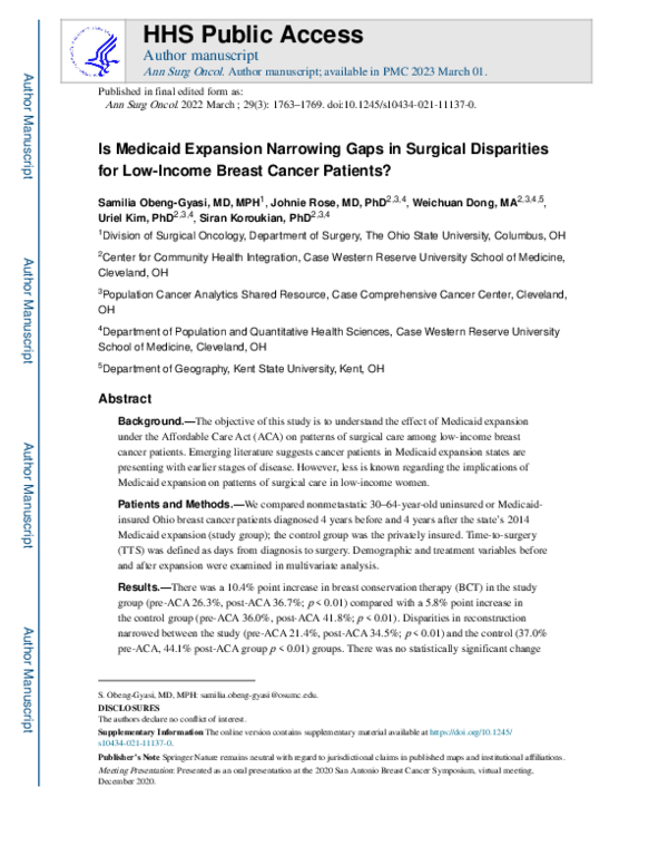 First page of “Is Medicaid Expansion Narrowing Gaps in Surgical Disparities for Low-Income Breast Cancer Patients?”