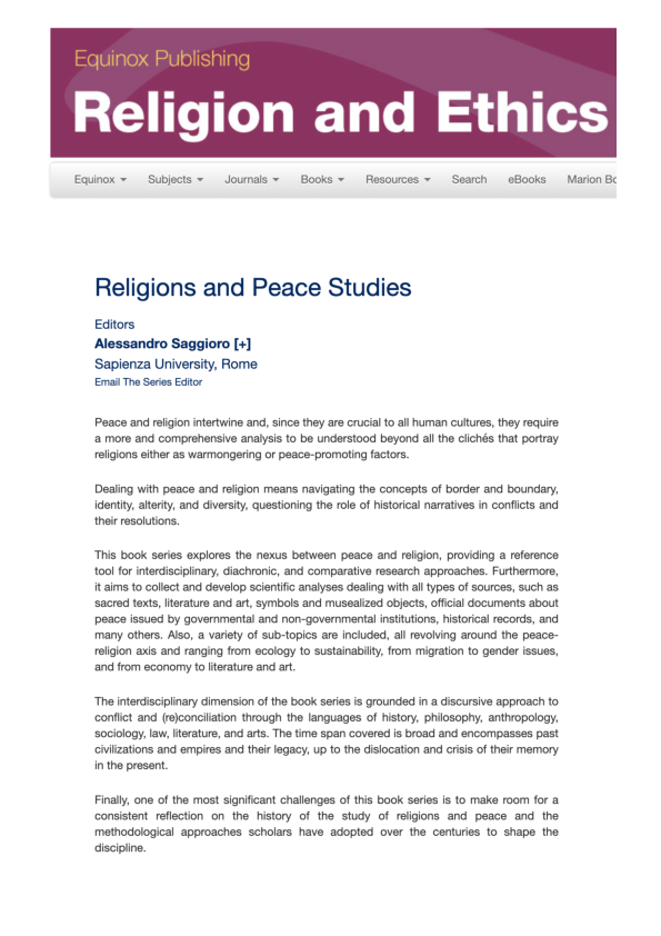 First page of “Religions and Peace Studies - Equinox”