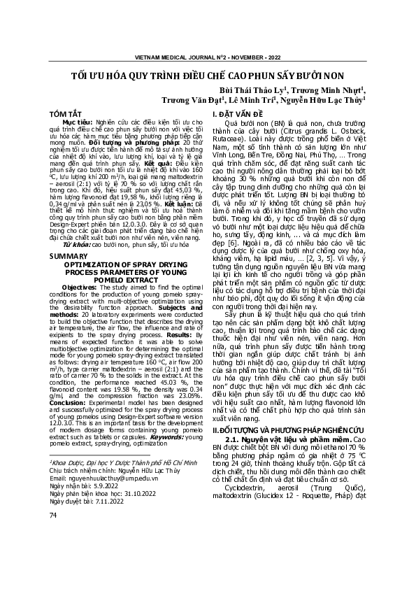 First page of “Tối Ưu Hóa Quy Trình Điều Chế Cao Phun Sấy Bưởi Non”