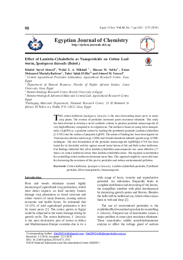 First page of “Effect of Lambda-Cyahalothrin as Nanopesticide on Cotton Leafworm, Spodoptera littoralis (Boisd.)”