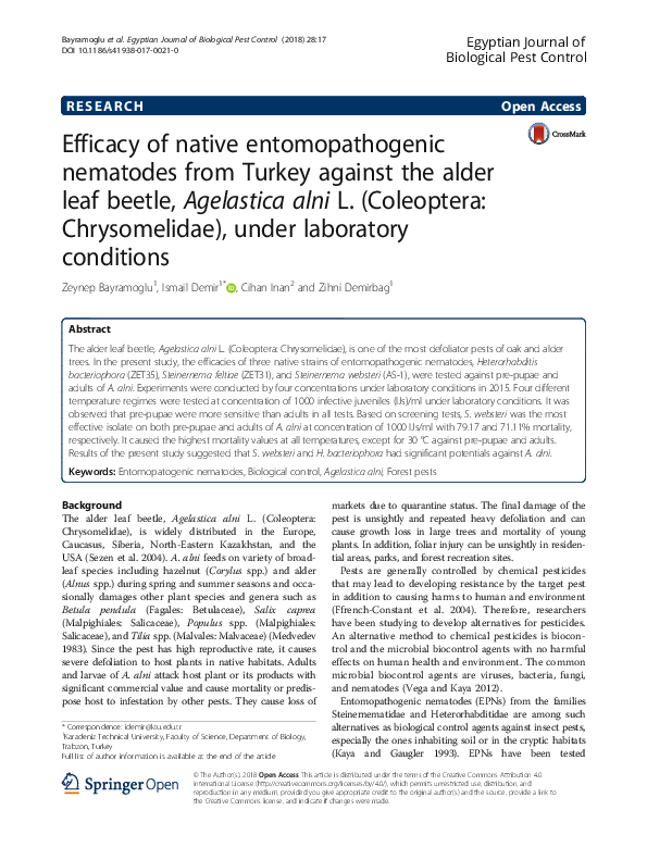 First page of “Efficacy of native entomopathogenic nematodes from Turkey against the alder leaf beetle, Agelastica alni L. (Coleoptera: Chrysomelidae), under laboratory conditions”