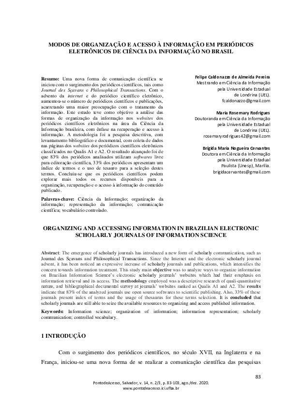 First page of “Modos De Organização e Acesso À Informação Em Periódicos Eletrônicos De Ciência Da Informação No Brasil”