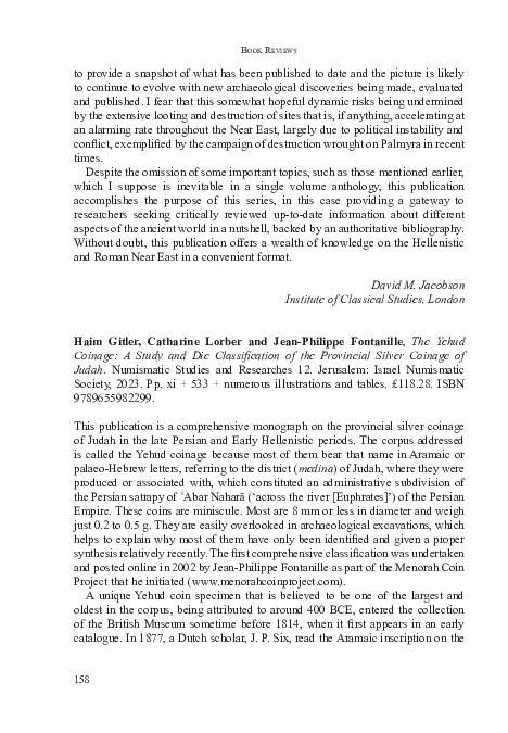 First page of “Review: H. Gitler, C. Lorber and J.-P. Fontanille, 'The Yehud Coinage: A Study and Die Classification of the Provincial Silver Coinage of Judah', 2023”