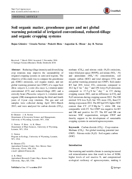 First page of “Soil organic matter, greenhouse gases and net global warming potential of irrigated conventional, reduced-tillage and organic cropping systems”