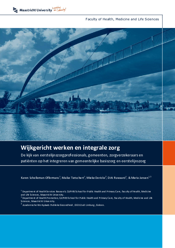 First page of “Wijkgericht werken en integrale zorg: De kijk van eerstelijnszorgprofessionals, gemeenten, zorgverzekeraars en patiënten op het integreren van gemeentelijke basiszorg en eerstelijnszorg”