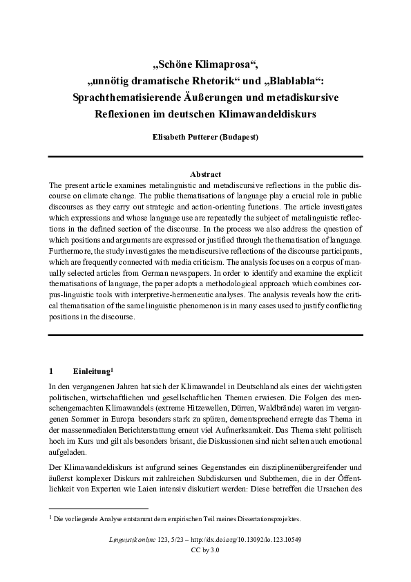 First page of “„Schöne Klimaprosa“, „unnötig dramatische Rhetorik“ und „Blablabla“: Sprachthematisierende Äußerungen und metadiskursive Reflexionen im deutschen Klimawandeldiskurs”