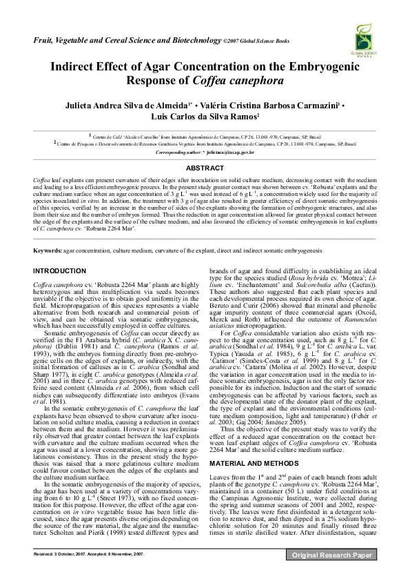 First page of “Indirect Effect of Agar Concentration on the Embryogenic Response of Coffea canephora”