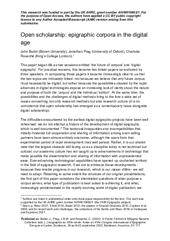 First page of “Open scholarship: epigraphic corpora in the digital age”