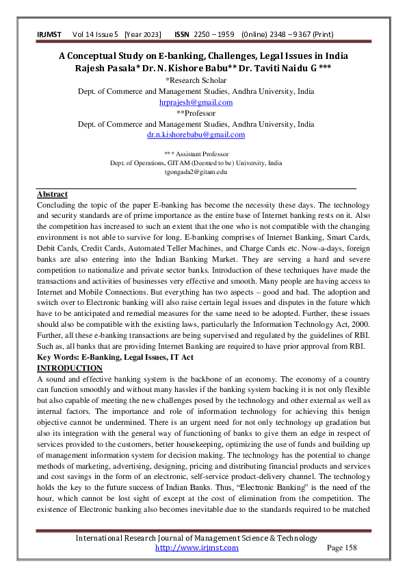 First page of “A Conceptual Study on E-banking, Challenges, Legal Issues in India”