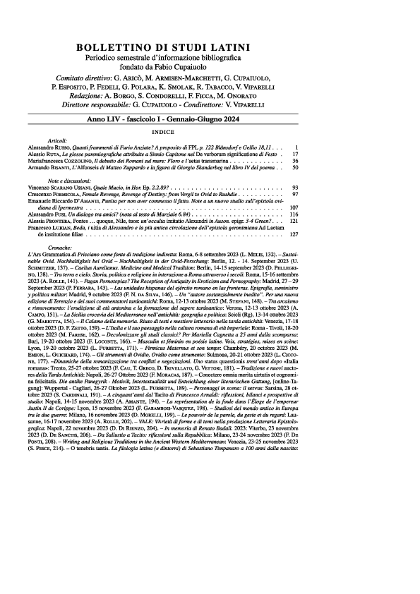 First page of “A. Russo, Quanti frammenti di Furio Anziate? A proposito di FPL p. 122 Blänsdorf e Gellio 18,11, «Bollettino di Studi Latini» 54, 2024, pp. 1-16”