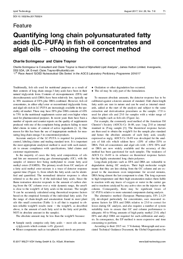 First page of “Quantifying long chain polyunsaturated fatty acids (LC-PUFA) in fish oil concentrates and algal oils − choosing the correct method”