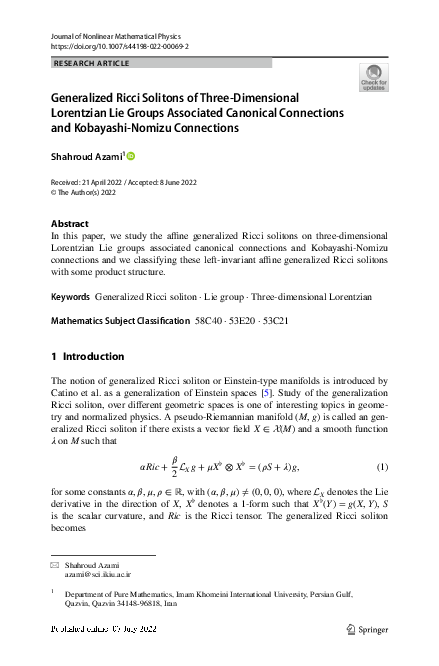 First page of “Generalized Ricci Solitons of Three-Dimensional Lorentzian Lie Groups Associated Canonical Connections and Kobayashi-Nomizu Connections”