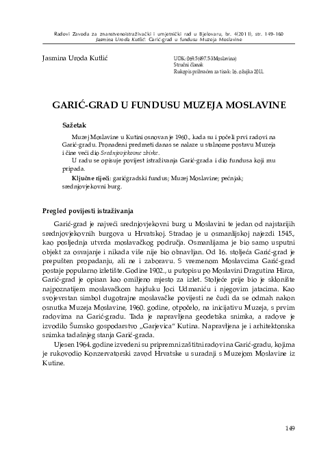 First page of “Garić-grad in the Museum of Moslavina Holdings”