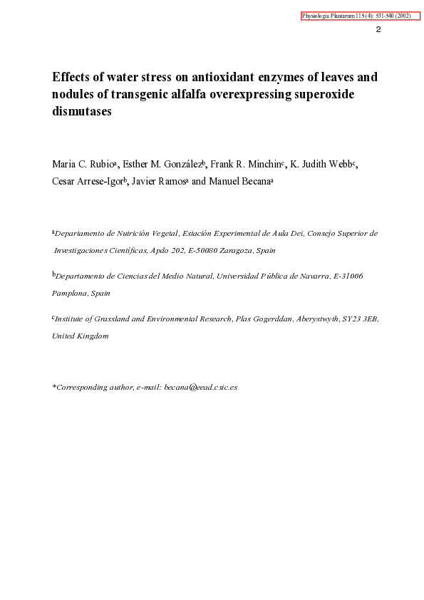 First page of “Effects of water stress on antioxidant enzymes of leaves and nodules of transgenic alfalfa overexpressing superoxide dismutases”