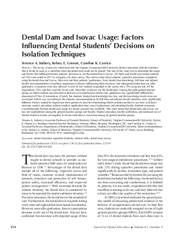 First page of “Dental Dam and Isovac Usage: Factors Influencing Dental Students' Decisions on Isolation Techniques”