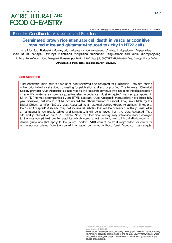 First page of “Germinated Brown Rice Attenuates Cell Death in Vascular Cognitive Impaired Mice and Glutamate-Induced Toxicity In HT22 Cells”