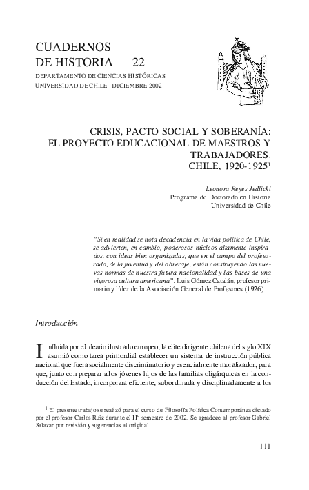 First page of “CUADERNOS DE HISTORIA 22 CRISIS, PACTO SOCIAL Y SOBERANÍA: EL PROYECTO EDUCACIONAL DE MAESTROS Y TRABAJADORES. CHILE, 1920-1925 1 Introducción”