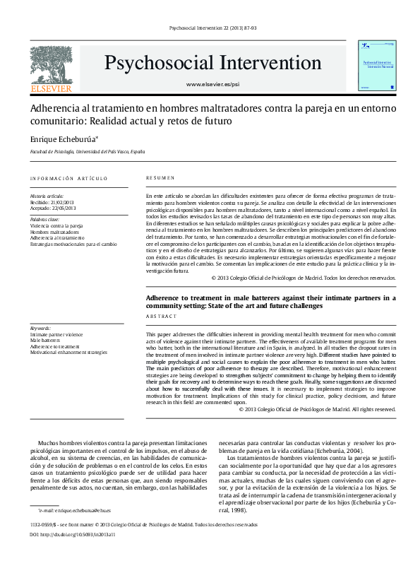 First page of “Adherencia al tratamiento en hombres maltratadores contra la pareja en un entorno comunitario: Realidad actual y retos de futuro”