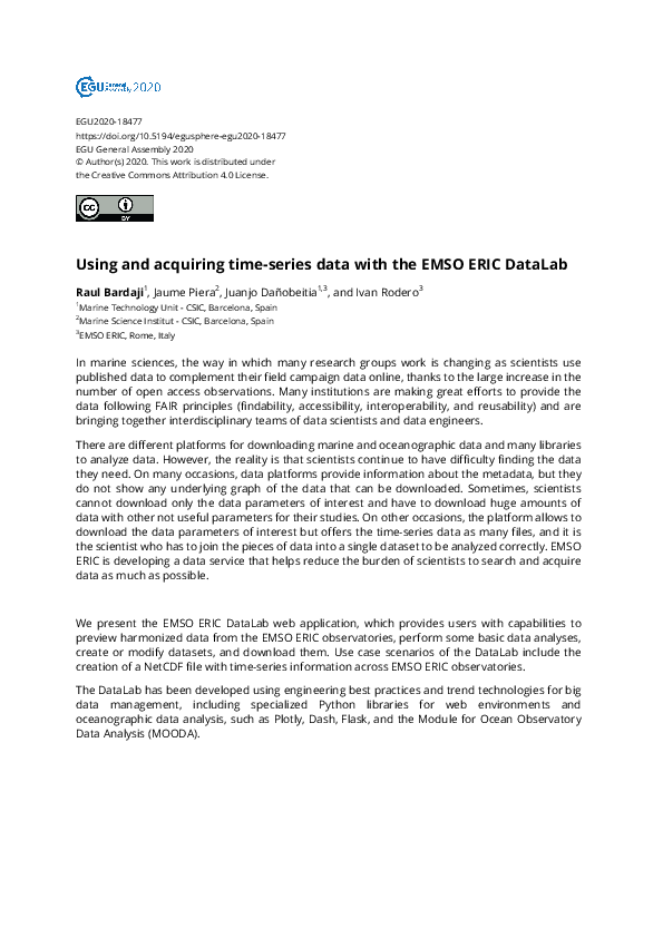 First page of “Using and acquiring time-series data with the EMSO ERIC DataLab”