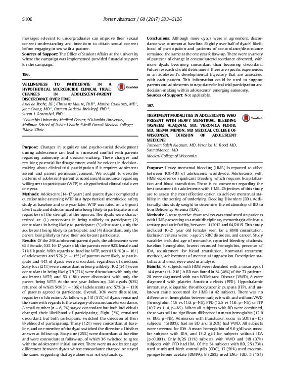 First page of “Treatment Modalities in Adolescents Who Present With Heavy Menstrual Bleeding Tasneem Alaqzam, MD, Veronica Flood, MD, Seema Menon, MD Medical College of Wisconsin, Division of Adolescent Medicine”