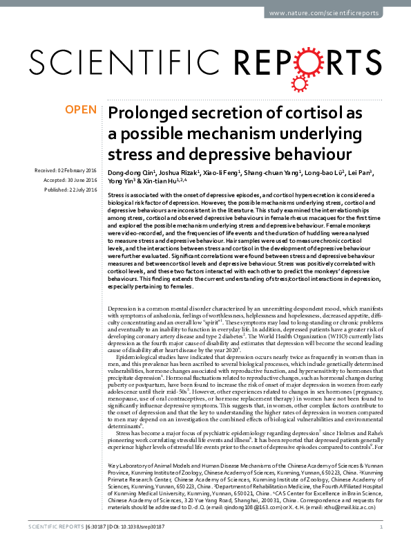 First page of “Prolonged secretion of cortisol as a possible mechanism underlying stress and depressive behaviour”