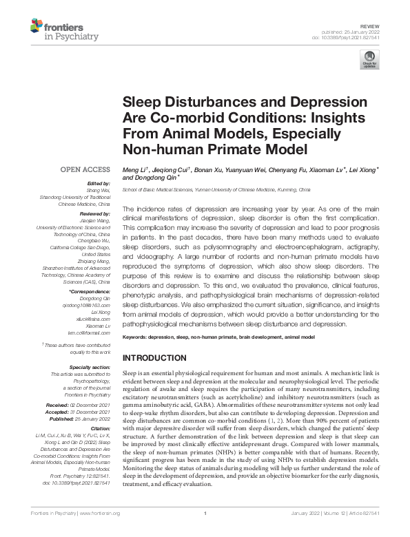 First page of “Sleep Disturbances and Depression Are Co-morbid Conditions: Insights From Animal Models, Especially Non-human Primate Model”