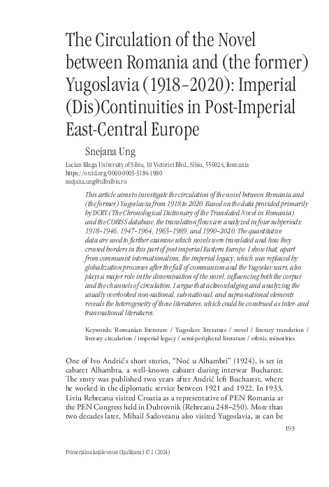 First page of “The Circulation of the Novel between Romania and (the former) Yugoslavia (1918-2020): Imperial (Dis)Continuities in Post-Imperial East-Central Europe”