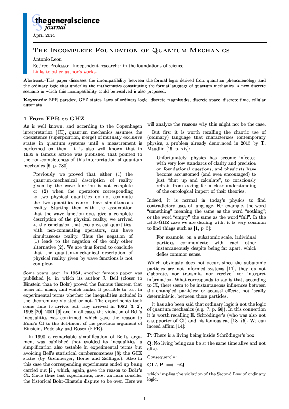 First page of “The Incomplete Foundation of Qantum Mechanics”