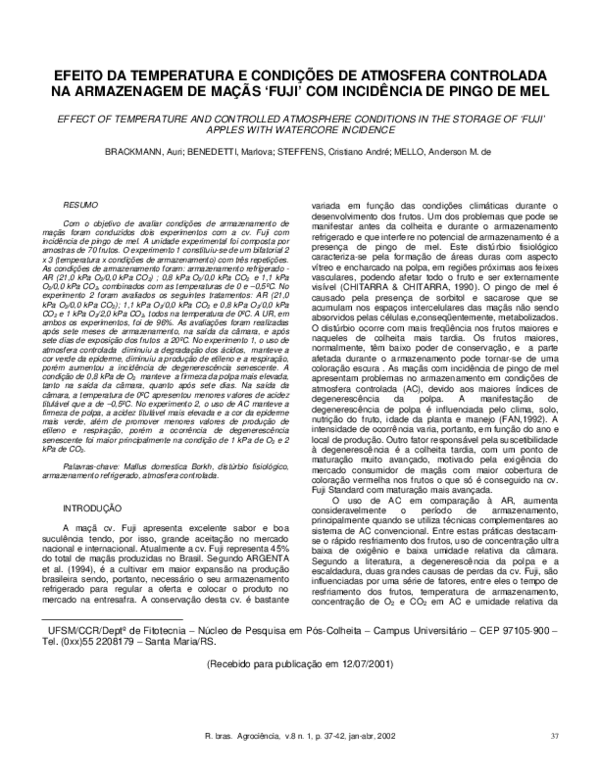 First page of “Efeito Da Temperatura e Condições De Atmosfera Controlada Na Armazenagem De Maçãs ‘Fuji’ Com Incidência De Pingo De Mel”