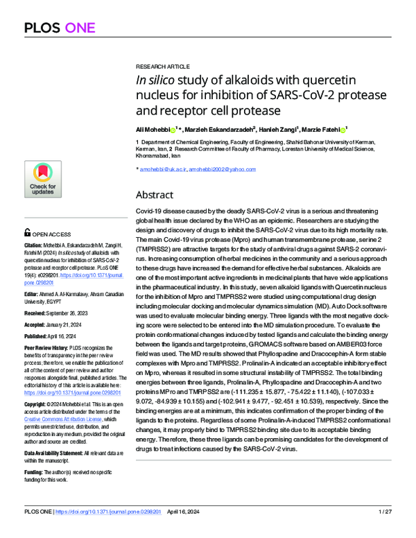 First page of “In silico study of alkaloids with quercetin nucleus for inhibition of SARS-CoV-2 protease and receptor cell protease”