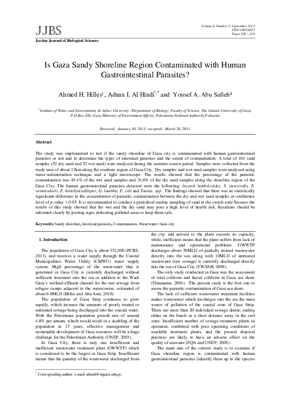 First page of “Is Gaza Sandy Shoreline Region Contaminated with Human Gastrointestinal Parasites ?”