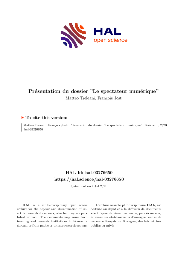 First page of “Présentation du dossier "Le spectateur numérique”