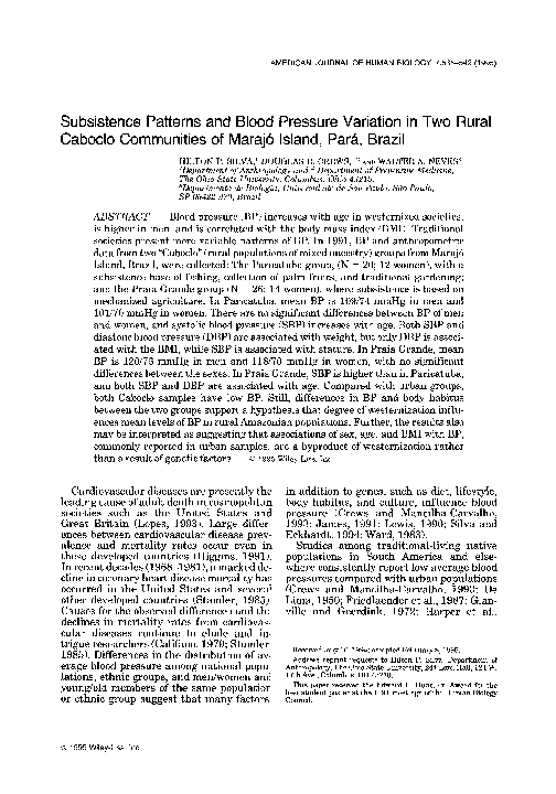 First page of “Subsistence patterns and blood pressure variation in two rural Caboclo communities of Marajó Island, Pará, Brazil”