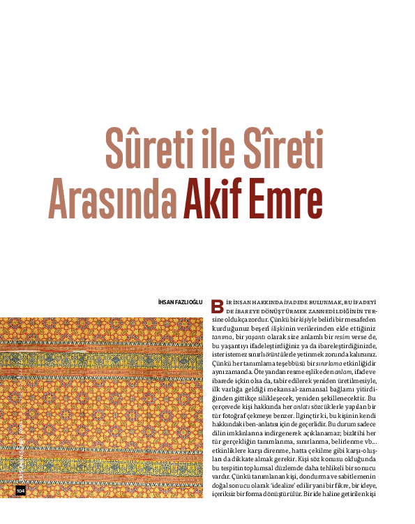 First page of “"Sûreti ile Sîreti Arasında Akif Emre"; İhsan Fazlıoğlu; Düşünen Şehir; Sayı 6; 2018”