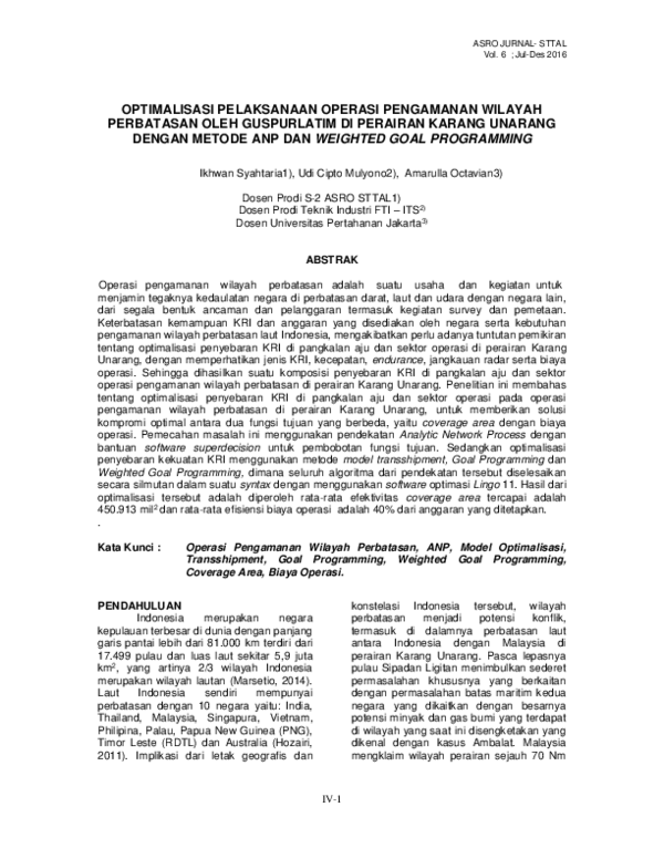 First page of “Optimalisasi Pelaksanaan Operasi Pengamanan Wilayah Perbatasan Oleh Guspurlatim DI Perairan Karang Unarang Dengan Metode Anp Dan Weighted Goal Programming”