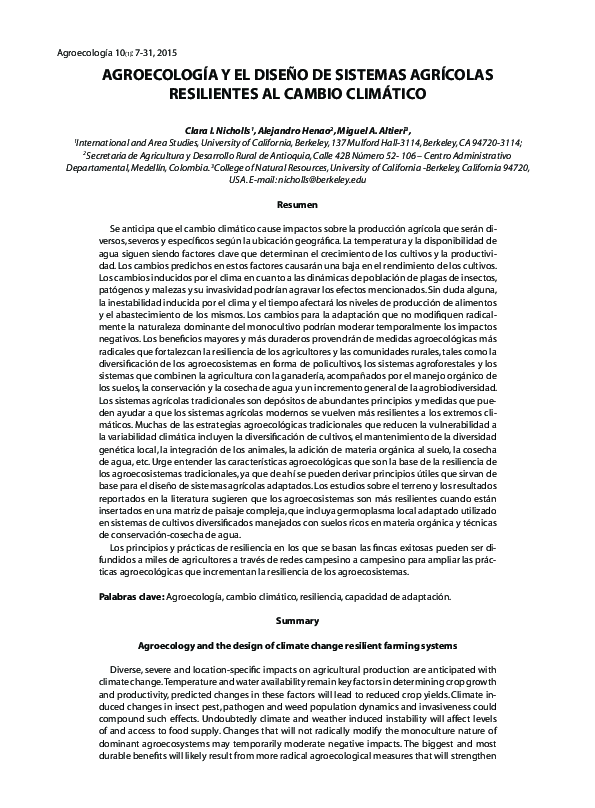 First page of “Agroecología y el diseño de sistemas agrícolas resilientes al cambio climático”