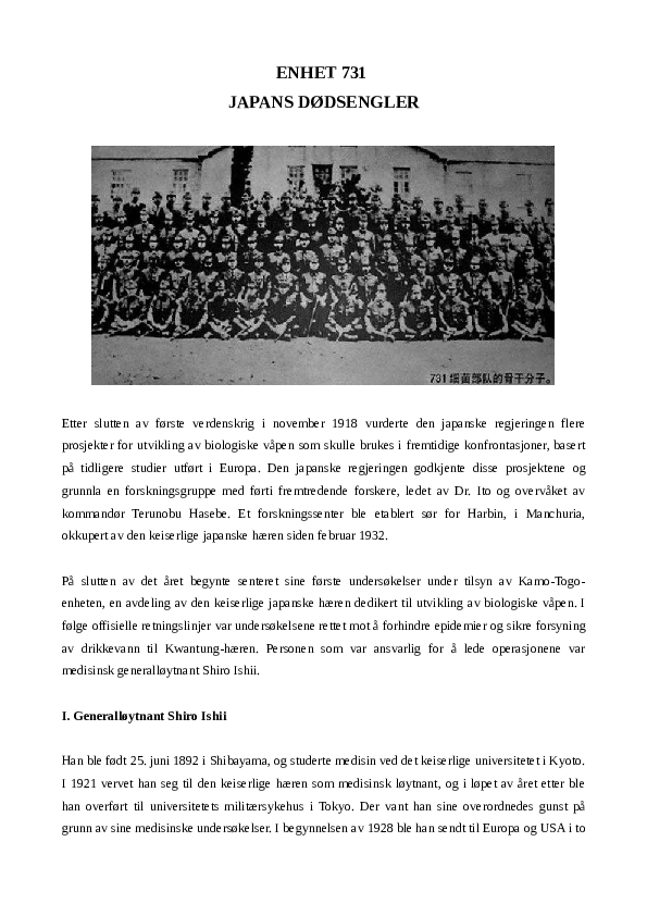 First page of “ENHET 731 : JAPANS DØDSENGLER”