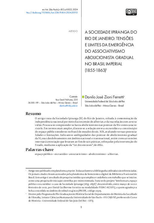 First page of “A SOCIEDADE IPIRANGA DO RIO DE JANEIRO: TENSÕES E LIMITES DA EMERGÊNCIA DO ASSOCIATIVISMO ABOLICIONISTA GRADUAL NO BRASIL IMPERIAL (1855-1863) 1”