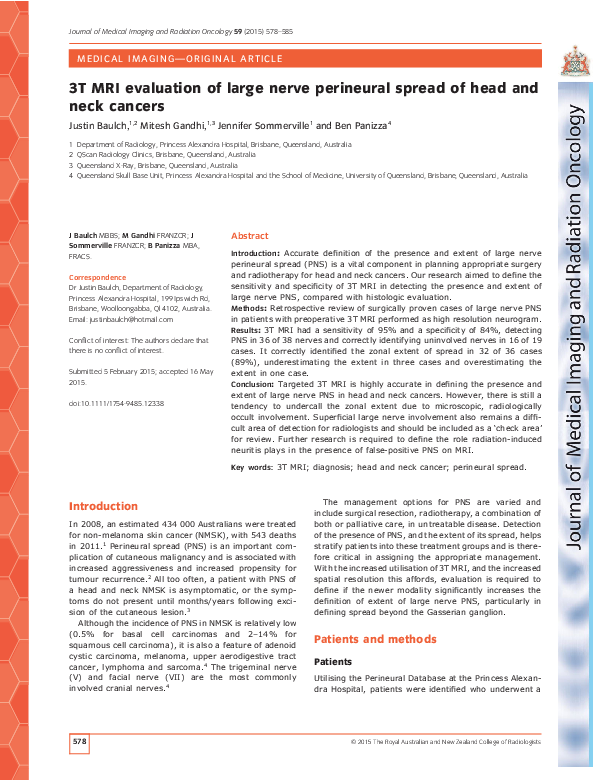 First page of “3T MRI evaluation of large nerve perineural spread of head and neck cancers”