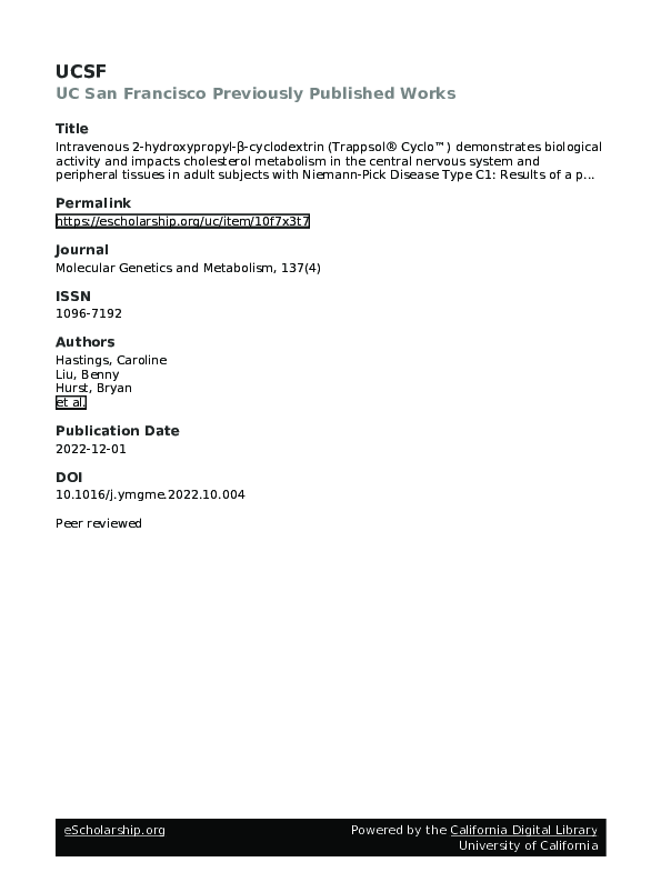 First page of “Intravenous 2-Hydroxypropyl-Β-Cyclodextrin (Trappsol® Cyclo™) Demonstrates Biological Activity and Impacts Cholesterol Metabolism in the Central Nervous System and Peripheral Tissues in Adult Subjects with Niemann-Pick Disease Type C1: Results of a Phase 1 Trial”