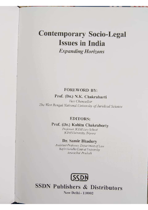 First page of “Education and Tribal People in India: A Socio-legal Analysis, (ISBN: 978-93-88950) SSDN Publishers and Distributers, New Delhi, 2023”