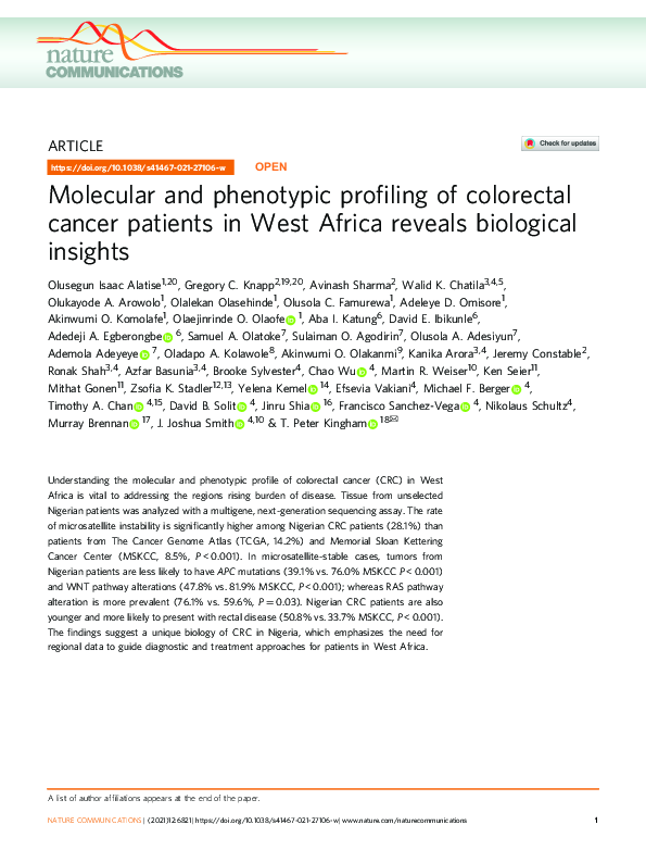 First page of “Molecular and phenotypic profiling of colorectal cancer patients in West Africa reveals biological insights”