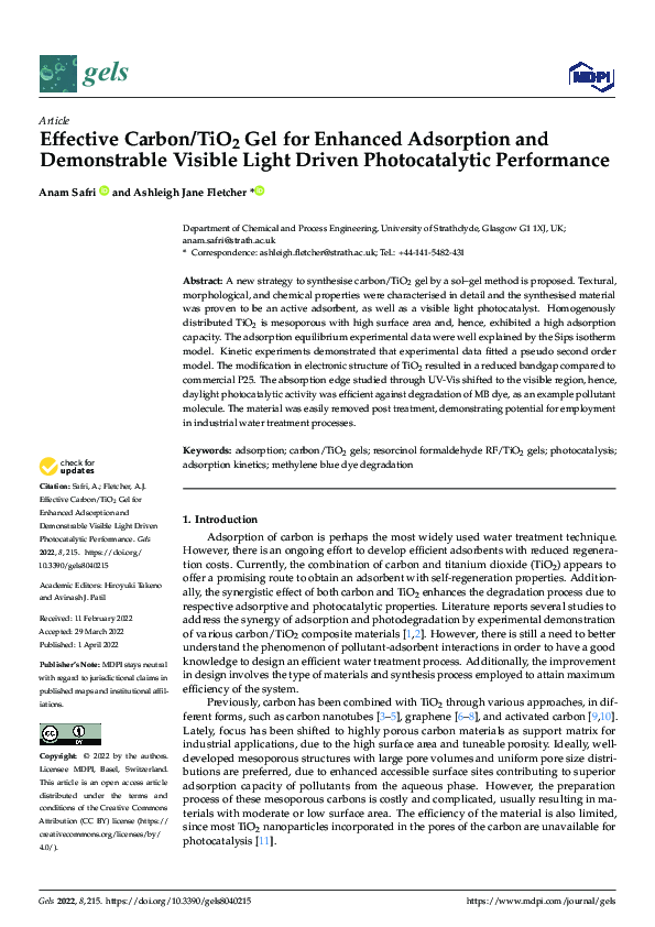 First page of “Effective Carbon/TiO2 Gel for Enhanced Adsorption and Demonstrable Visible Light Driven Photocatalytic Performance”